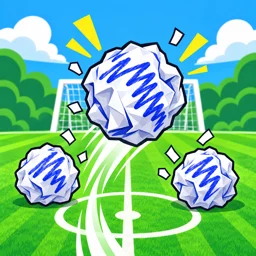 The Gapball app icon: a big crumpled paper ball with blue scribbles flying through the gap between two smaller ones, over a green football pitch with a goal.