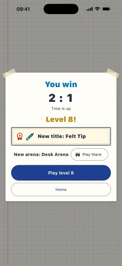 The end card after a win: You win 2:1, Level 8!, a new title and a new arena.
