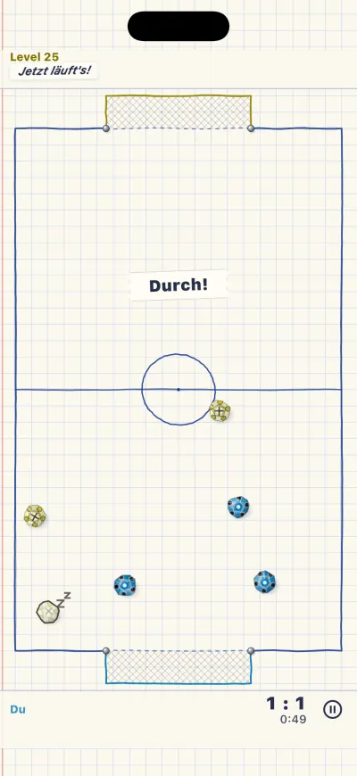 Das Wort „Durch!“ auf dem Papierfeld, nachdem eine Kugel durch die Lücke gerollt ist.